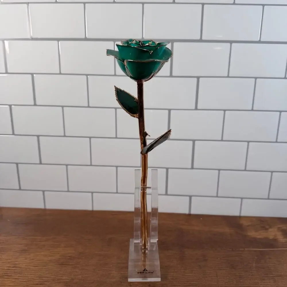 DeFaith 24k Gold Dipped Lacquered Green Rose with Acrylic Stand